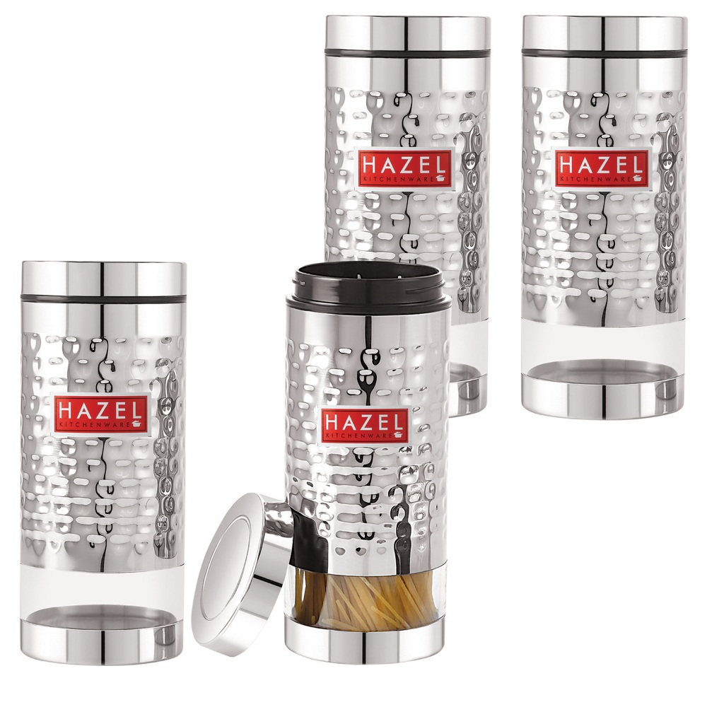 HAZEL Stainless Steel Hammered Finish Transparent Glossy See Through Container, Set of 4, 1000 ML Each, Silver