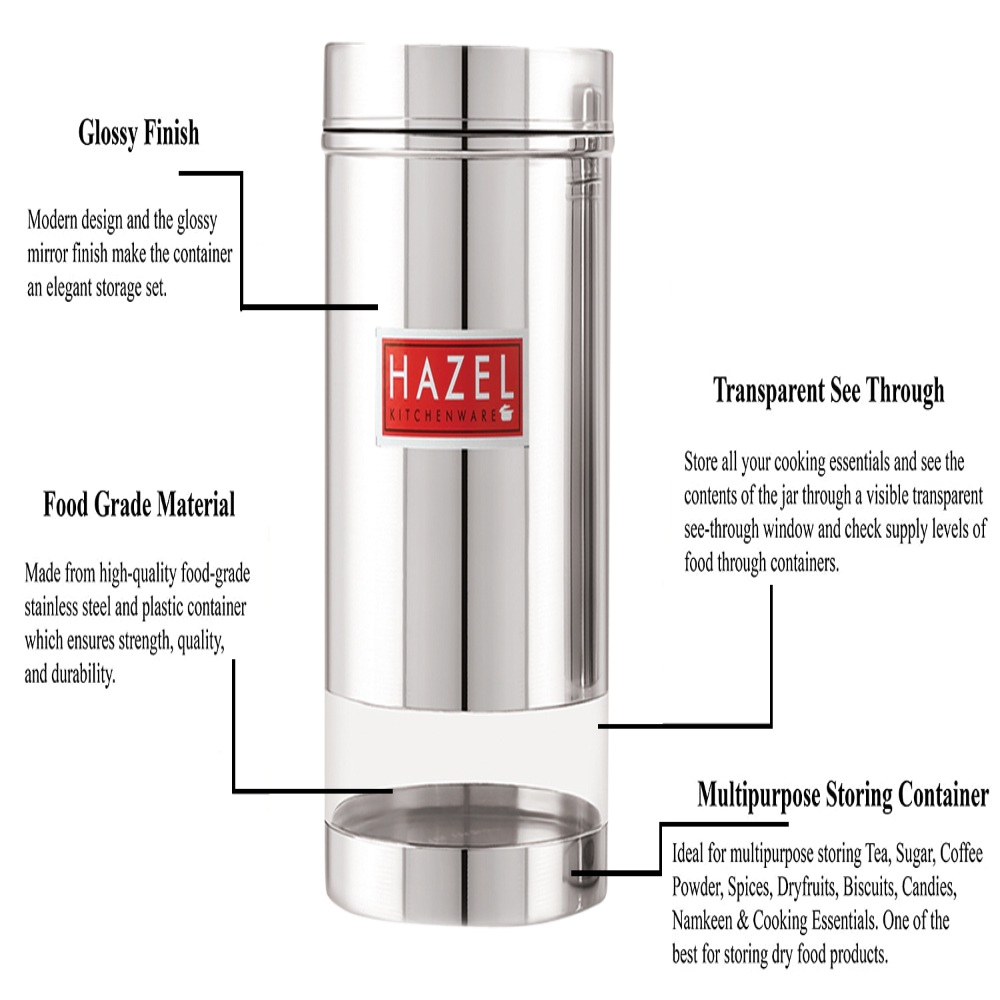 HAZEL Stainless Steel Transparent Glossy Finish See Through Container, Silver, Set of 5, 1200 Ml