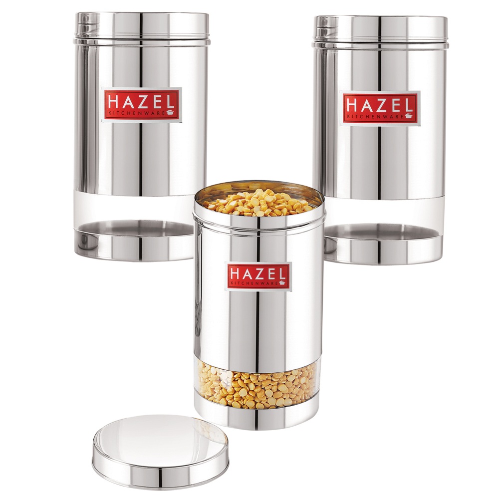 HAZEL Stainless Steel Transparent Glossy Finish See Through Container, Silver, Set of 3, 1200 Ml