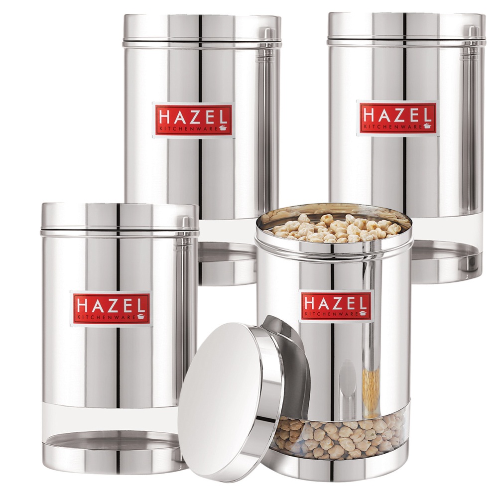 HAZEL Stainless Steel Transparent Glossy Finish See Through Container, Silver, Set of 4, 1700 Ml