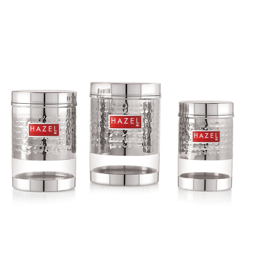 HAZEL Stainless Steel Hammered Finish Transparent Glossy See Through Container, Set of 3, 1350 ML, 950 ML & 600 ML