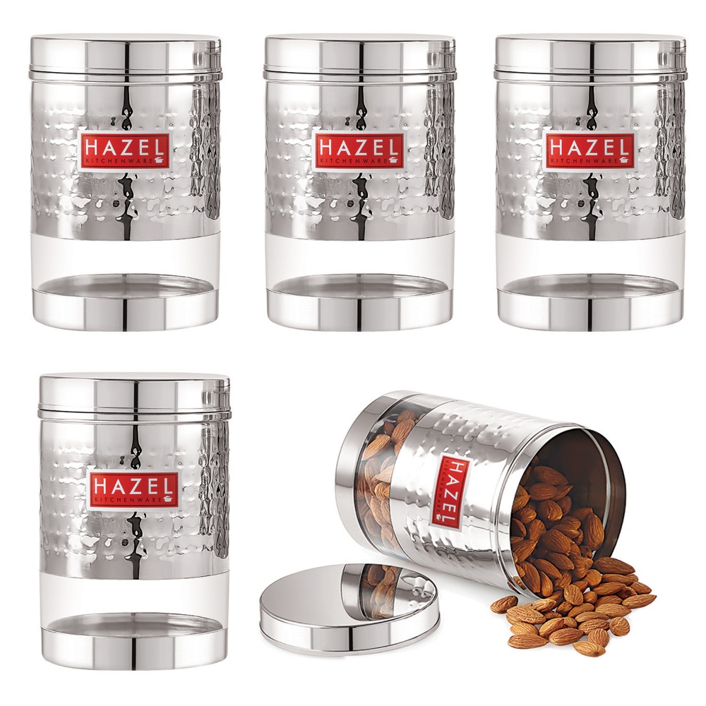 HAZEL Stainless Steel Hammered Finish Transparent Glossy See Through Container, Set of 5, 950 ML Each, Silver