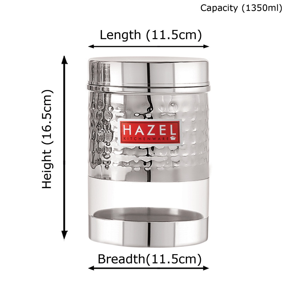 HAZEL Stainless Steel Hammered Finish Transparent Glossy See Through Container, Set of 4, 1350 ML Each, Silver