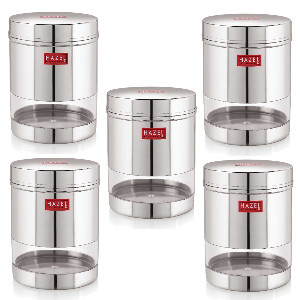 HAZEL Stainless Steel Transparent Wide Mouth See Through Container, Silver, Set of 5, 1100 Ml