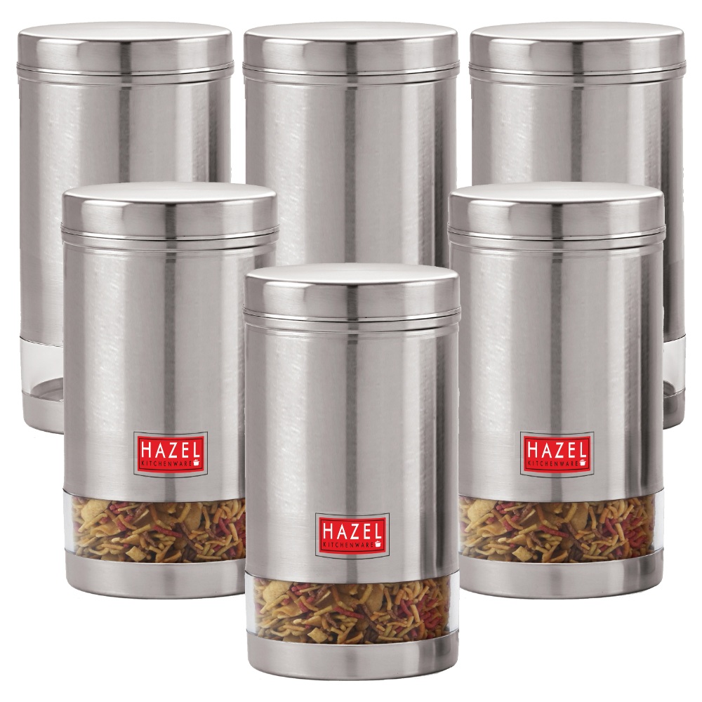 HAZEL Stainless Steel Transparent Wide Mouth See Through Container, Silver, Set of 6, 1350 Ml