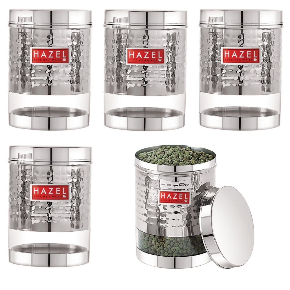 HAZEL Stainless Steel Hammered Finish Transparent Glossy See Through Container, Set of 5, 1350 ML Each, Silver