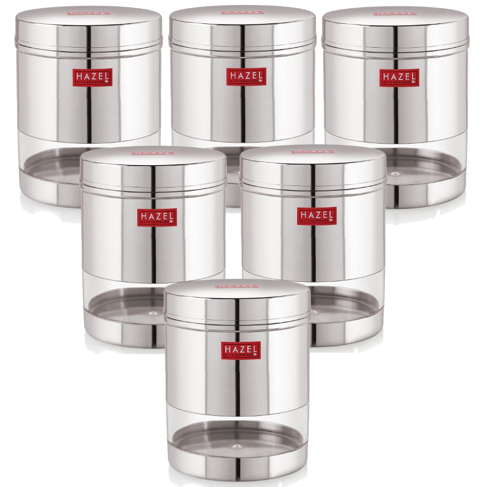 HAZEL Stainless Steel Transparent Wide Mouth See Through Container, Silver, Set of 6, 700 Ml