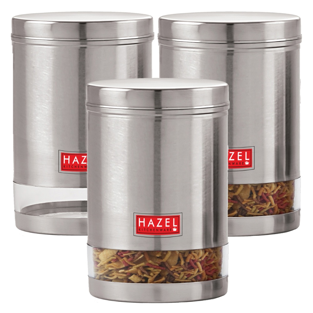 HAZEL Stainless Steel Transparent Wide Mouth See Through Container, Silver, Set of 3, 1350 Ml