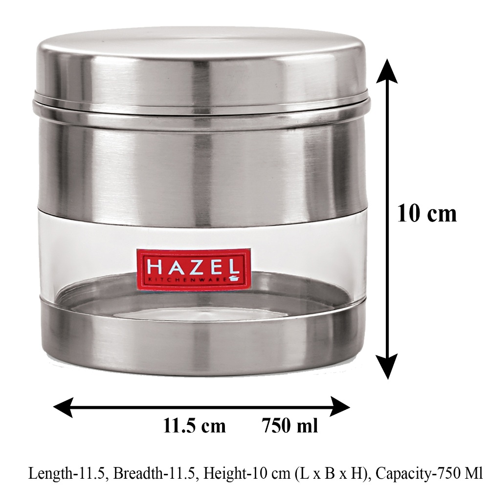 HAZEL Stainless Steel Transparent Wide Mouth See Through Container, Silver, Set of 3, 750 Ml