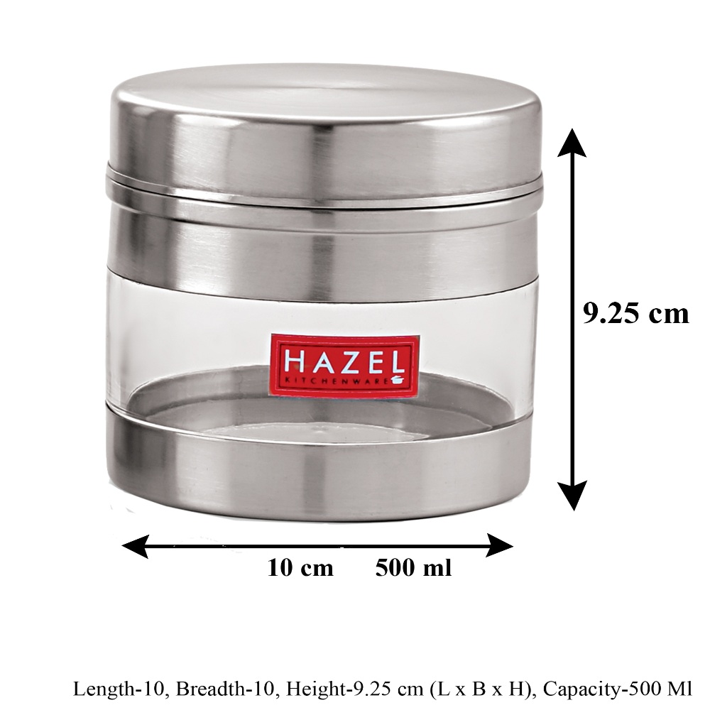 HAZEL Stainless Steel Transparent Wide Mouth See Through Container, Silver, Set of 6, 500 Ml