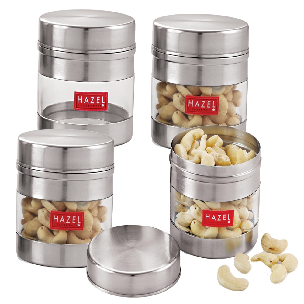 HAZEL Stainless Steel Transparent Wide Mouth See Through Container, Silver, Set of 4, 500 Ml