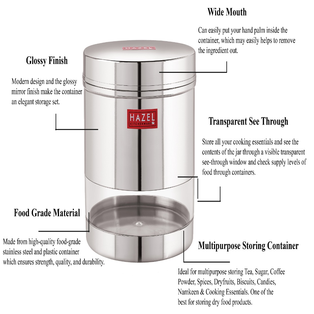 HAZEL Stainless Steel Transparent Wide Mouth See Through Container, Silver, Set of 5, 400 Ml