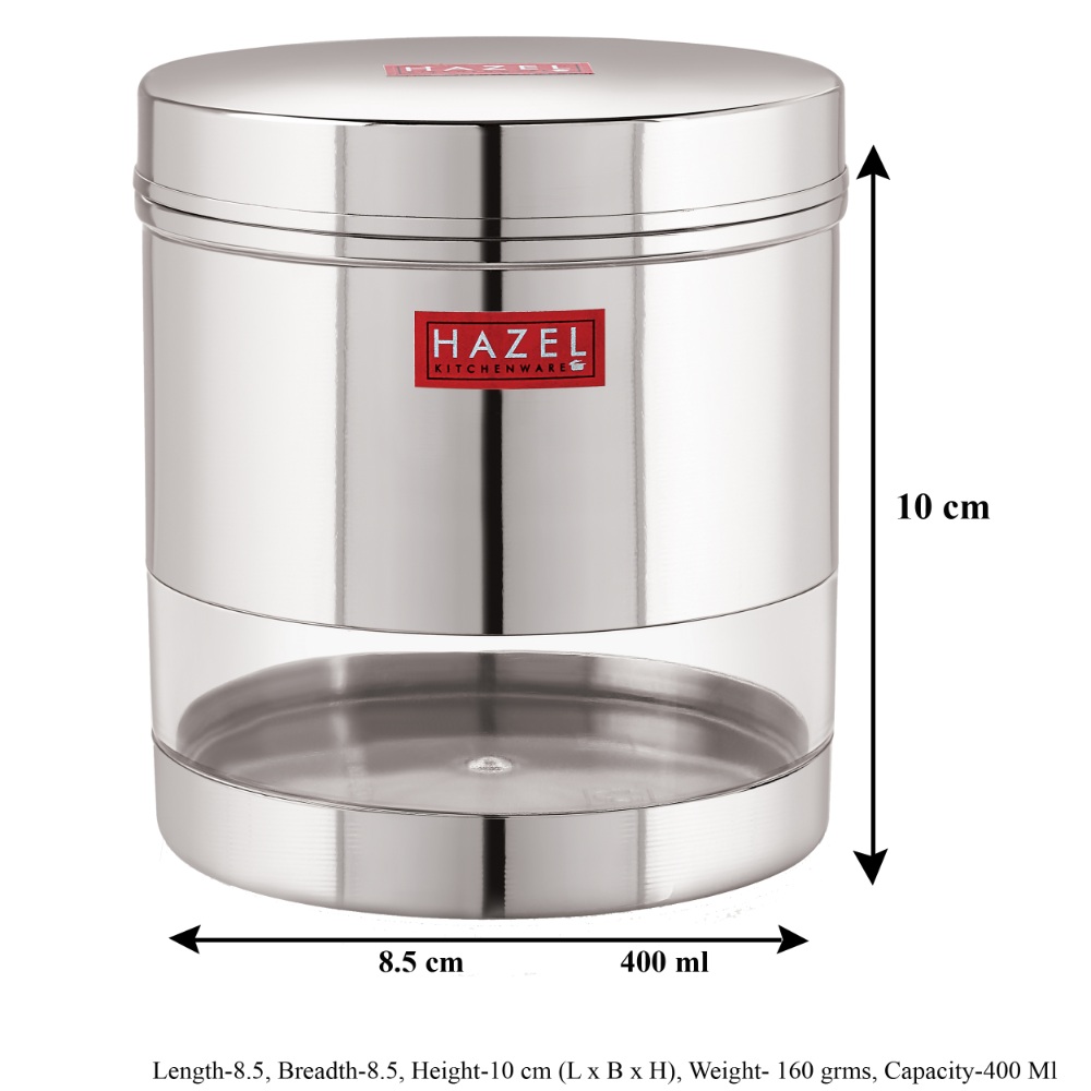 HAZEL Stainless Steel Transparent Wide Mouth See Through Container, Silver, Set of 5, 400 Ml