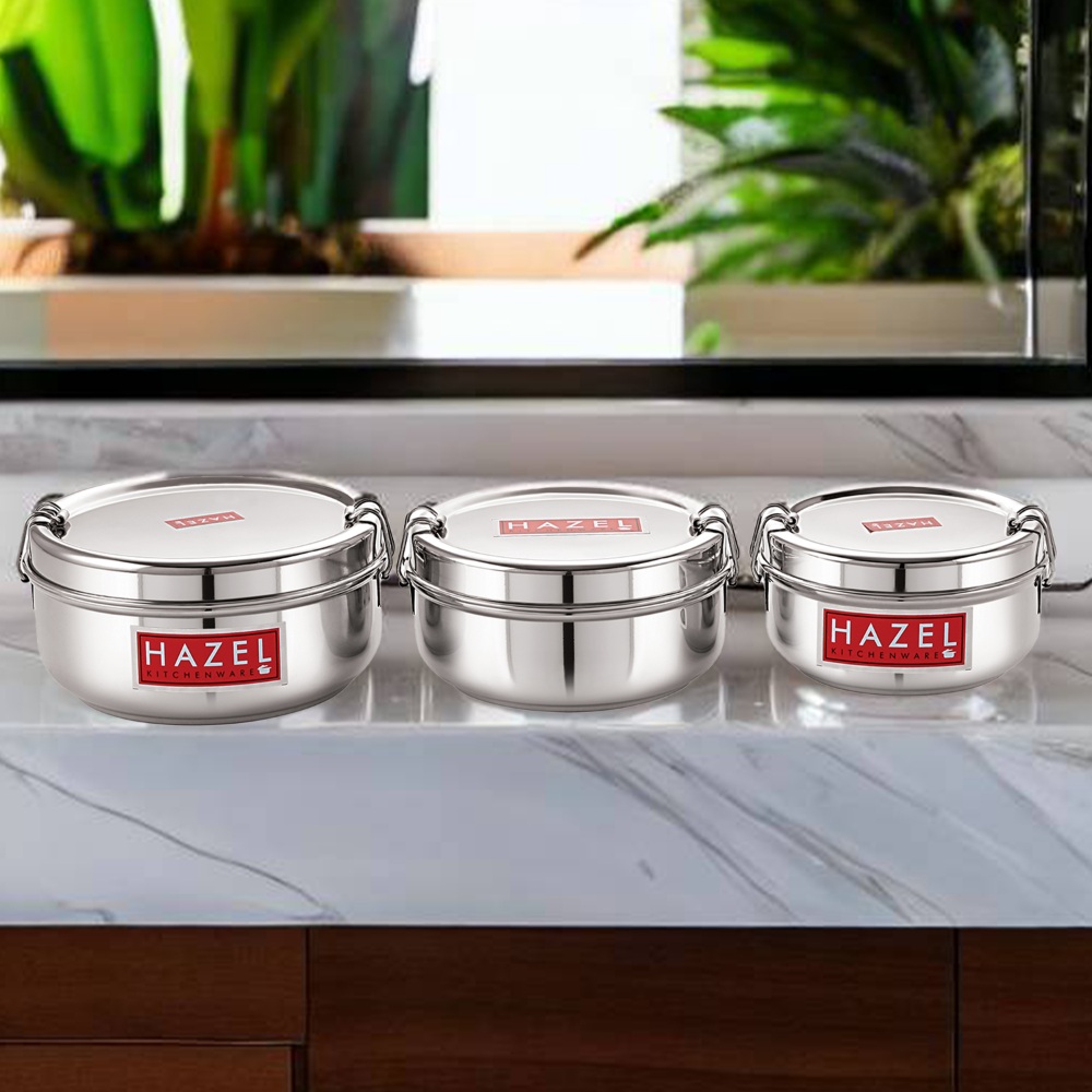 HAZEL Stainless Steel Traditional Design Tiffin Lunch Container with Locking Clip Set of 3, 350, 500 & 700 ML