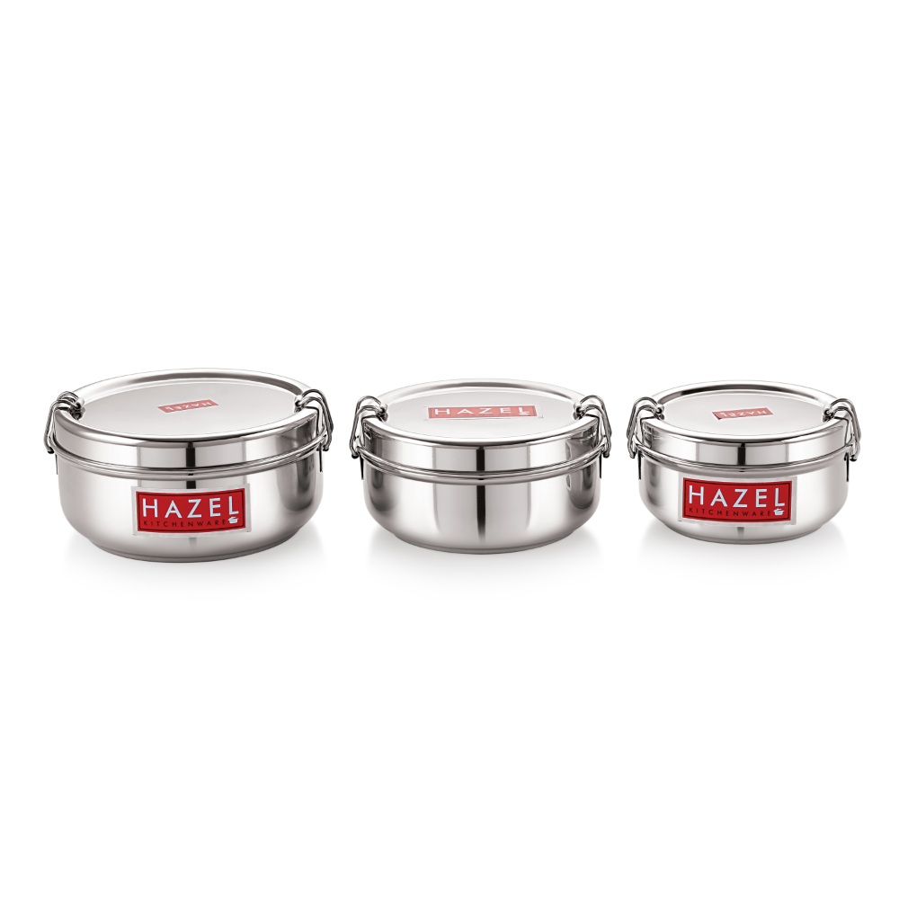 HAZEL Stainless Steel Traditional Design Tiffin Lunch Container with Locking Clip Set of 3, 350, 500 & 700 ML