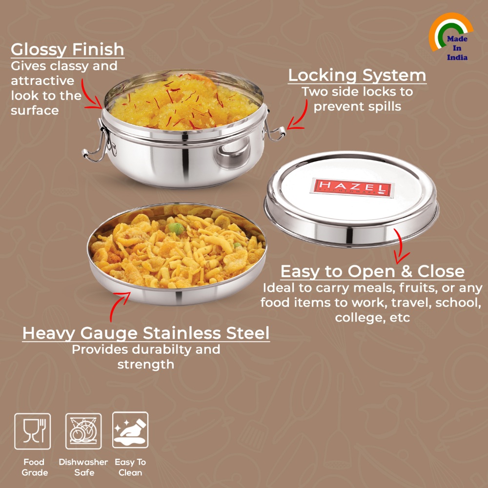 HAZEL Stainless Steel Traditional Design Tiffin Lunch Container with Locking Clip Set of 3, 350, 500 & 700 ML