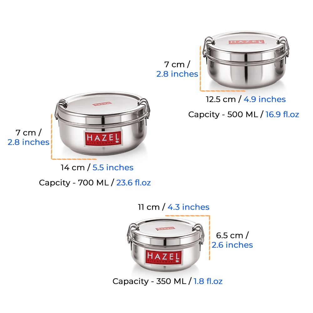 HAZEL Stainless Steel Traditional Design Tiffin Lunch Container with Locking Clip Set of 3, 350, 500 & 700 ML