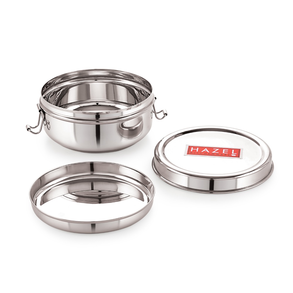 HAZEL Stainless Steel Traditional Design Tiffin Lunch Container with Locking Clip Set of 3, 350, 500 & 700 ML