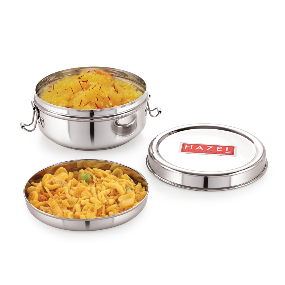 HAZEL Stainless Steel Traditional Design Tiffin Lunch Container with Locking Clip Set of 3, 350, 500 & 700 ML