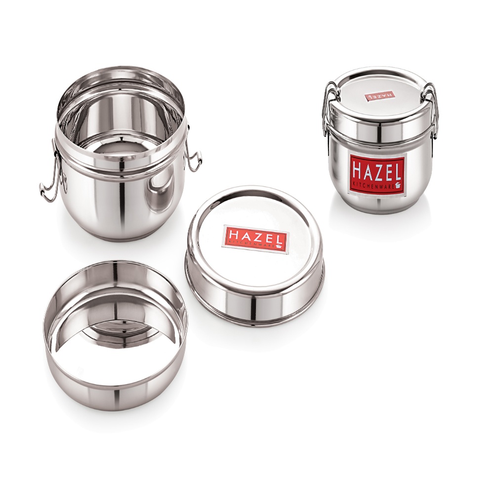 HAZEL Stainless Steel Traditional Design Tiffin Lunch Container with Locking Clip Set of 2, 350 & 700 ML