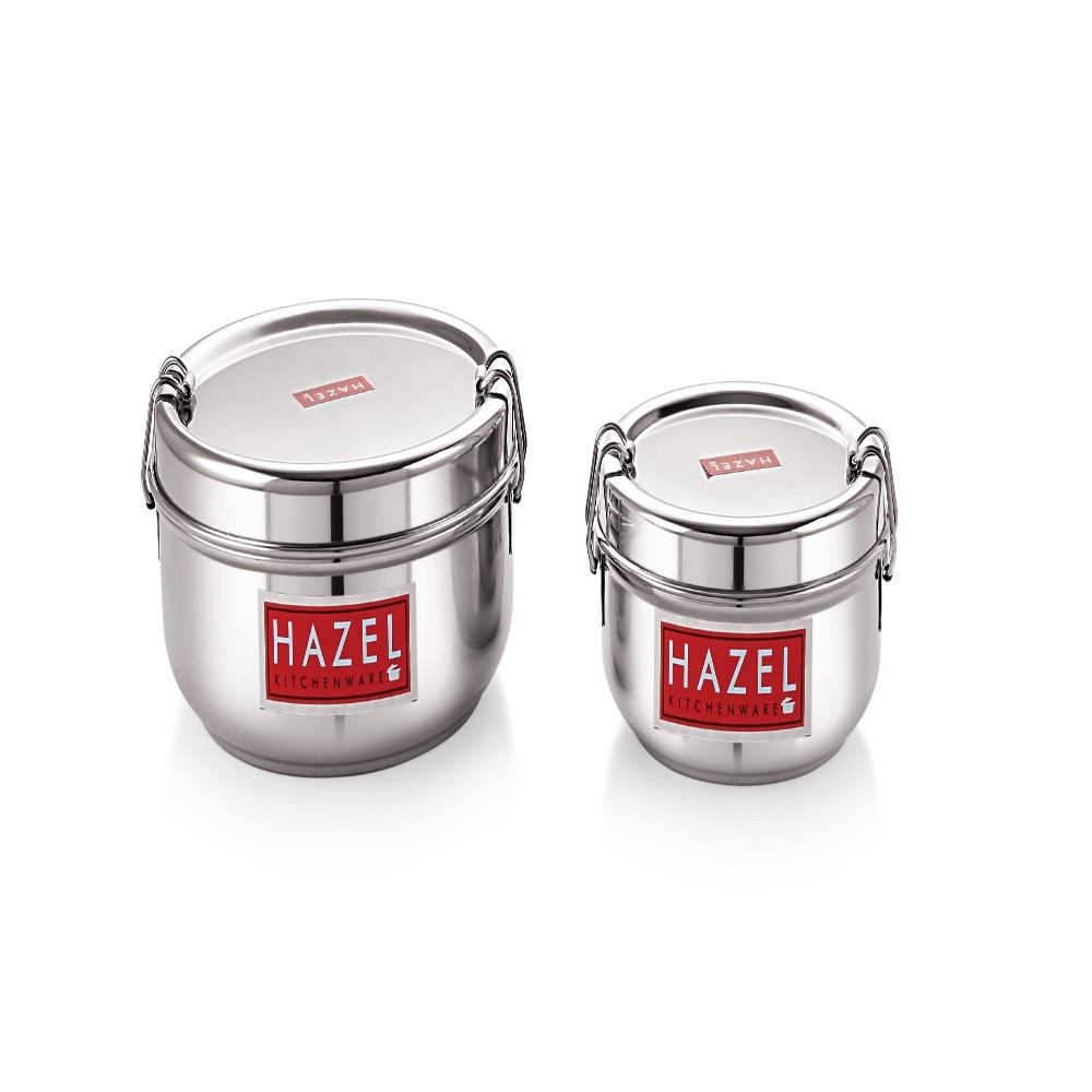 HAZEL Stainless Steel Traditional Design Tiffin Lunch Container with Locking Clip Set of 2, 350 & 700 ML