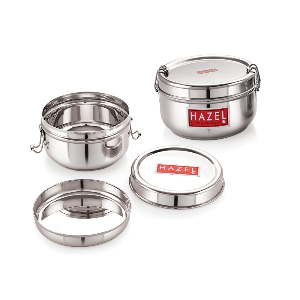 HAZEL Stainless Steel Traditional Design Tiffin Lunch Container with Locking Clip Set of 2, 350 & 500 ML