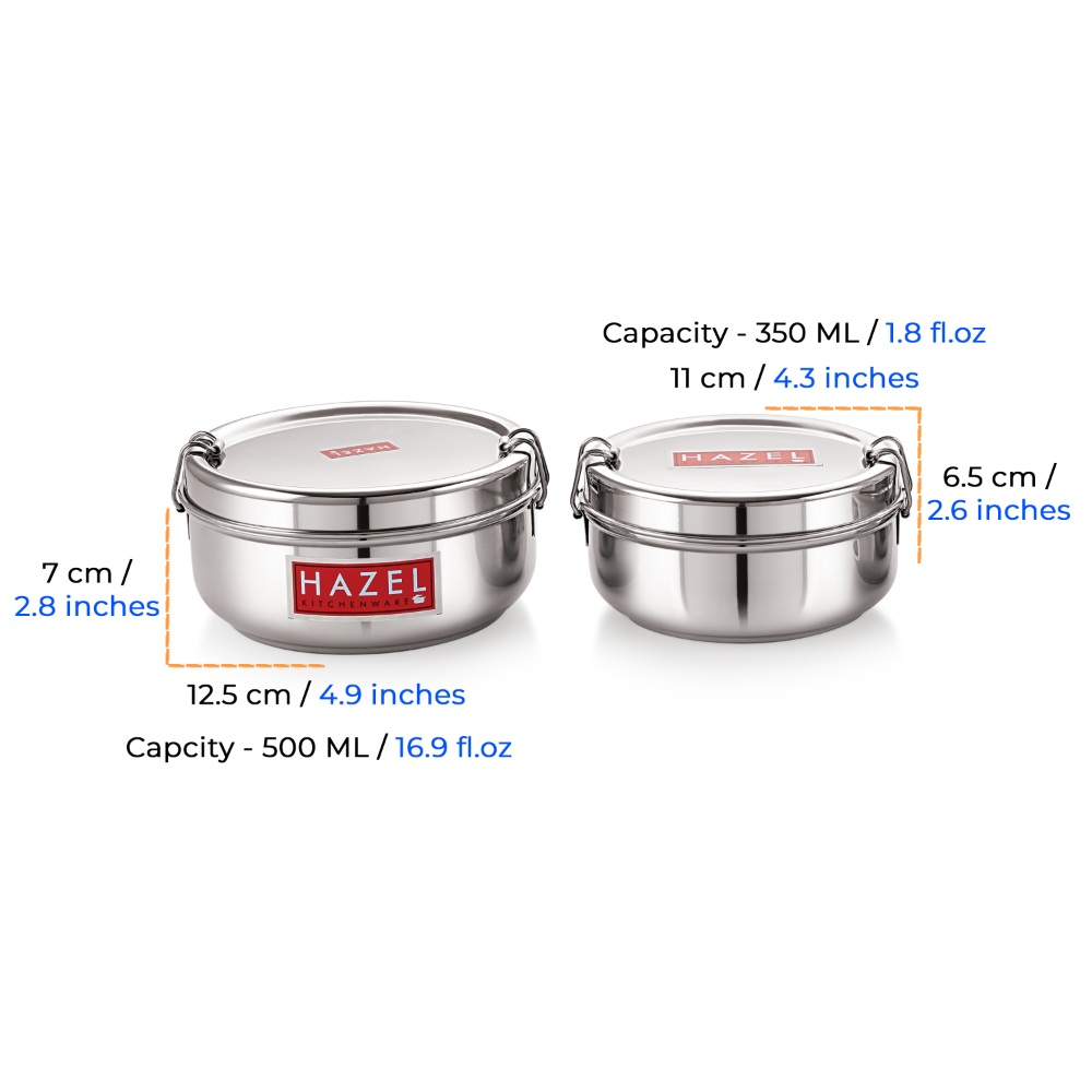 HAZEL Stainless Steel Traditional Design Tiffin Lunch Container with Locking Clip Set of 2, 350 & 500 ML