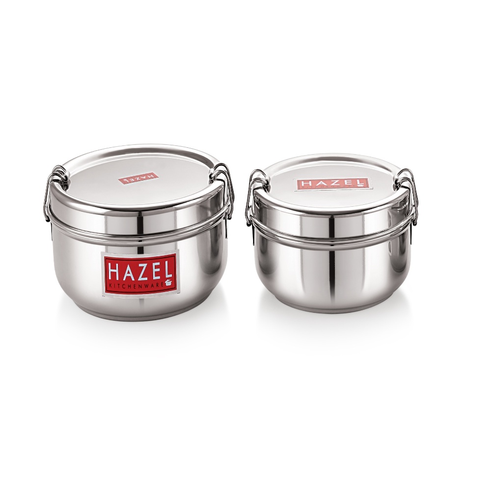 HAZEL Stainless Steel Traditional Design Tiffin Lunch Container with Locking Clip Set of 2, 350 & 500 ML