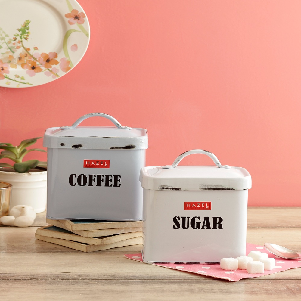 HAZEL Antique Rectangle Coffee & Sugar Storage Canister Container With Handle, Set of 2, 1150ML