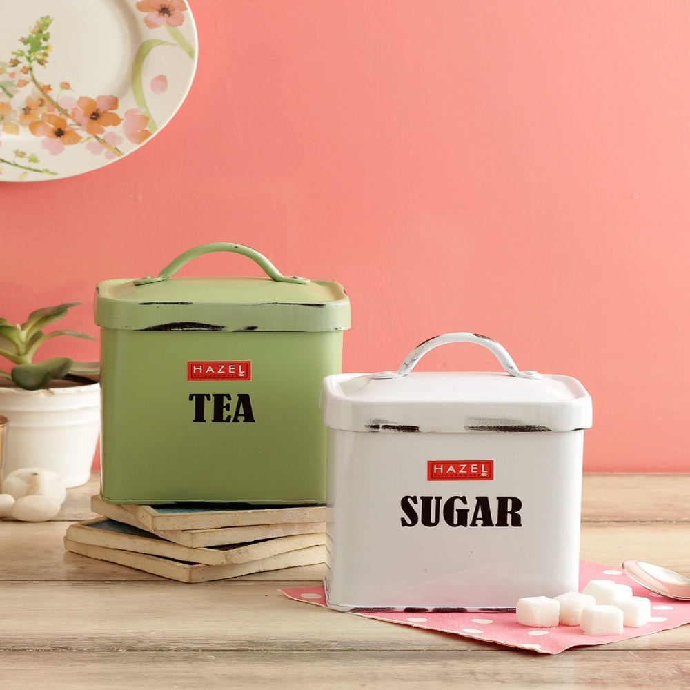 HAZEL Antique Rectangle Sugar/Tea Storage Canister Container With Handle, Set of 2, 1150ML