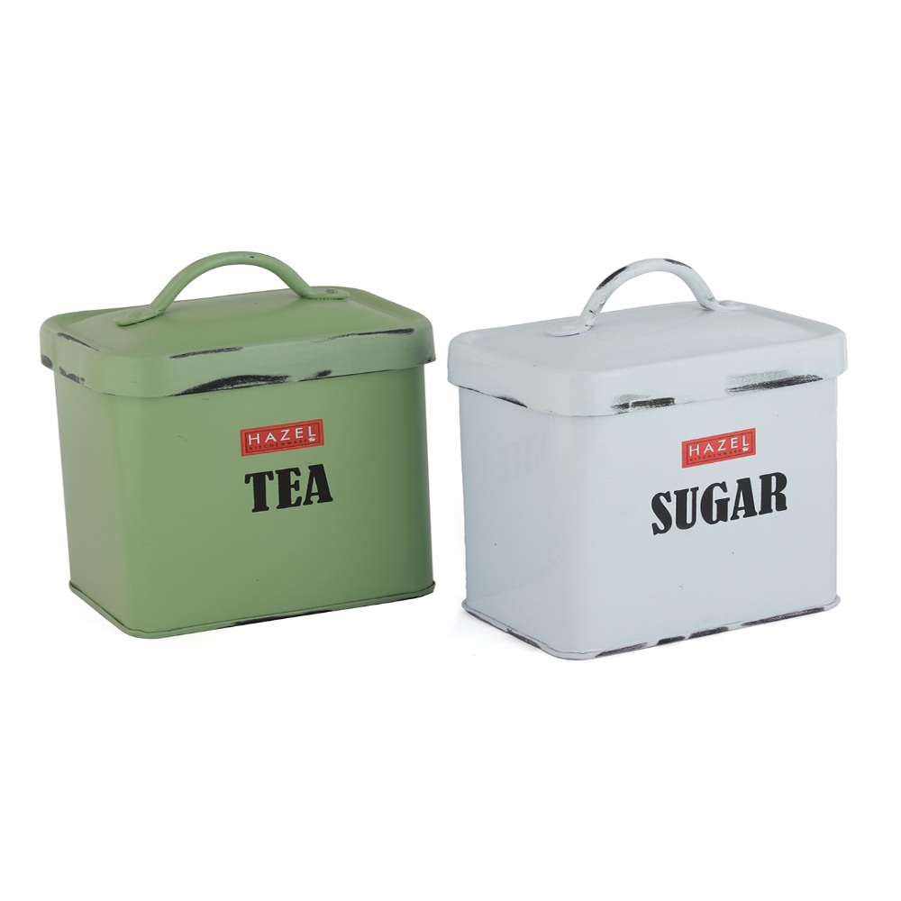 HAZEL Antique Rectangle Sugar/Tea Storage Canister Container With Handle, Set of 2, 1150ML