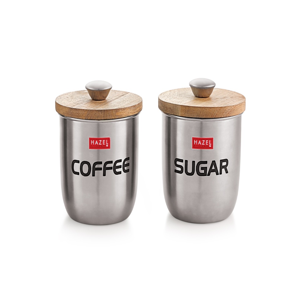 HAZEL Stainless Steel Sugar and Coffee Jar Storage Canister Container With Wood Lid & Knob, Set of 2, 1325 ML, Silver