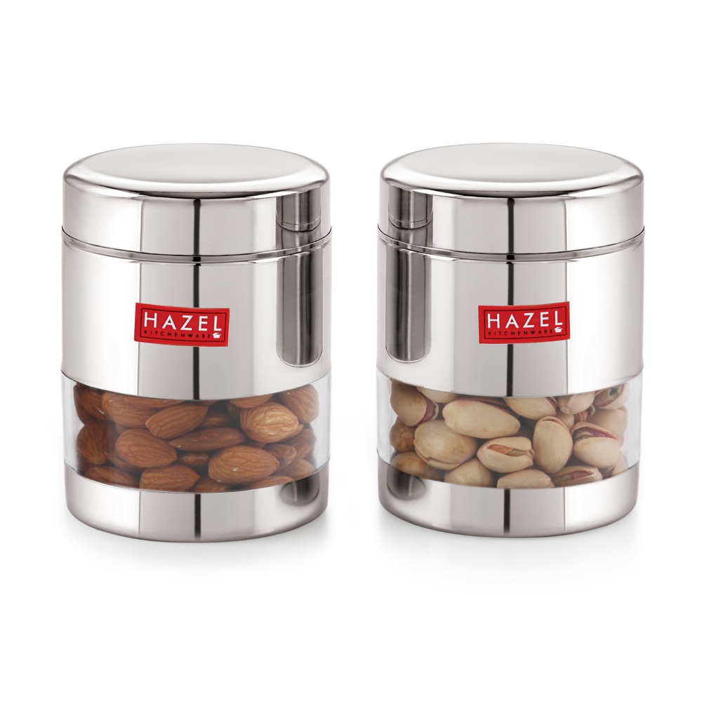 HAZEL Stainless Steel Transparent Glossy See Through Container, Silver,Set of 2, 400 ML