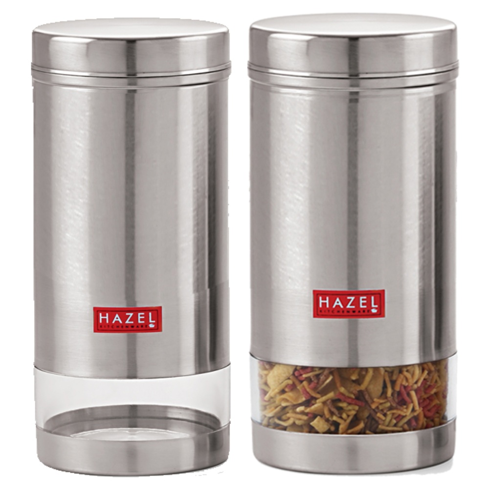 HAZEL Stainless Steel Transparent See Through Container, Silver,Set of 2, 1 Ltr