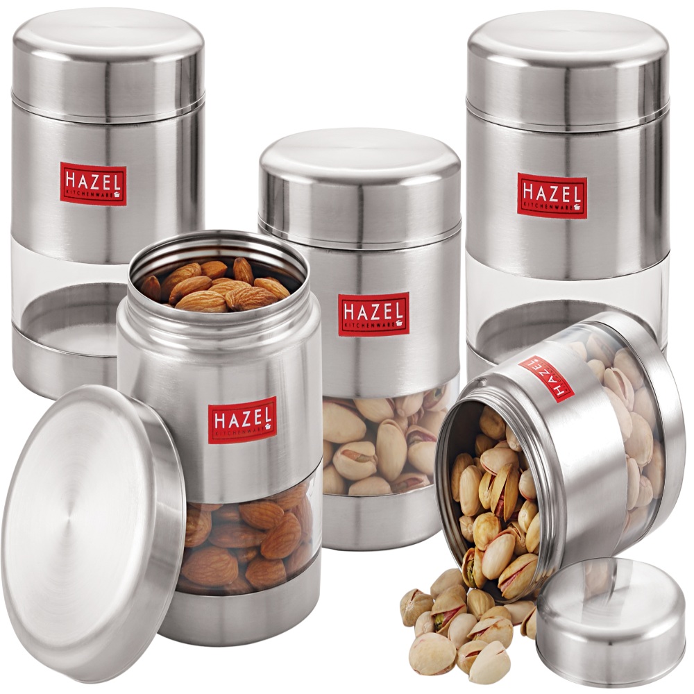 HAZEL Stainless Steel Transparent Matt Finish See Through Container Set of 5, Silver, 500 ML Each