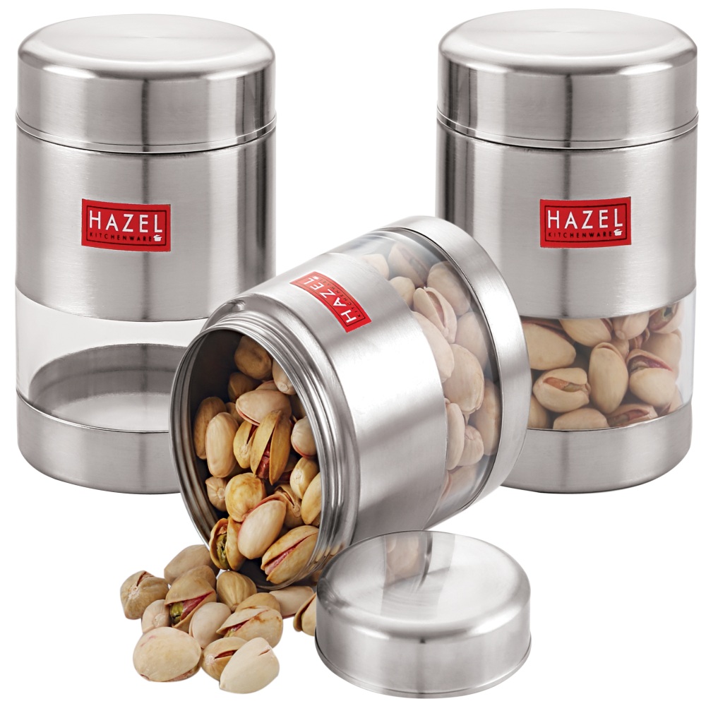 HAZEL Stainless Steel Transparent Matt Finish See Through Container Set of 3, Silver, 500 ML Each