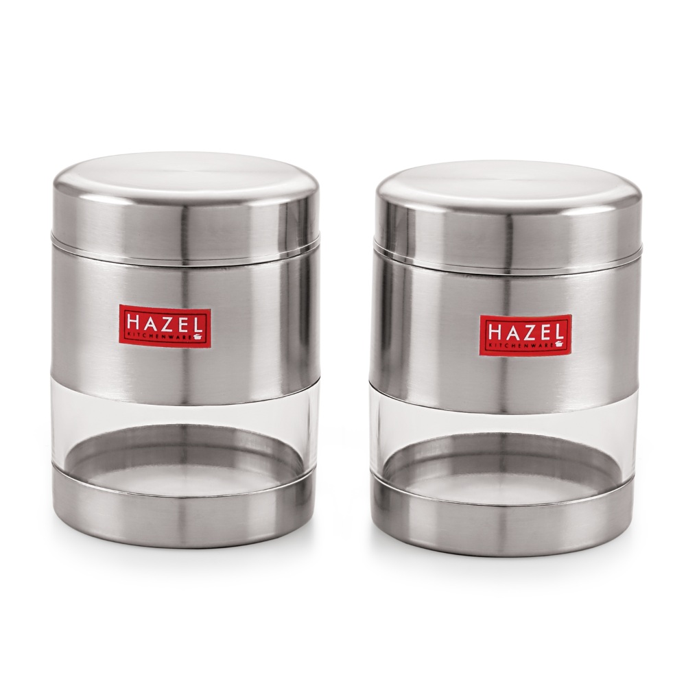 HAZEL Stainless Steel Transparent Matt Finish See Through Container Set of 2, Silver, 500 ML Each