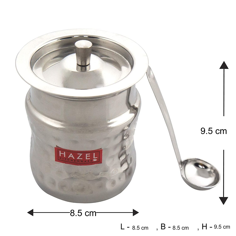 HAZEL Stainless Steel Damaru Hammered Finish Oil Ghee Pot, 400 ml, Silver