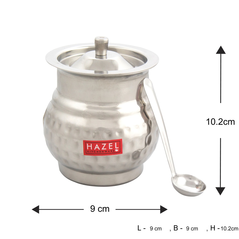 HAZEL Stainless Steel Belly Hammered Finish Oil Ghee Pot, 450 ml, Silver