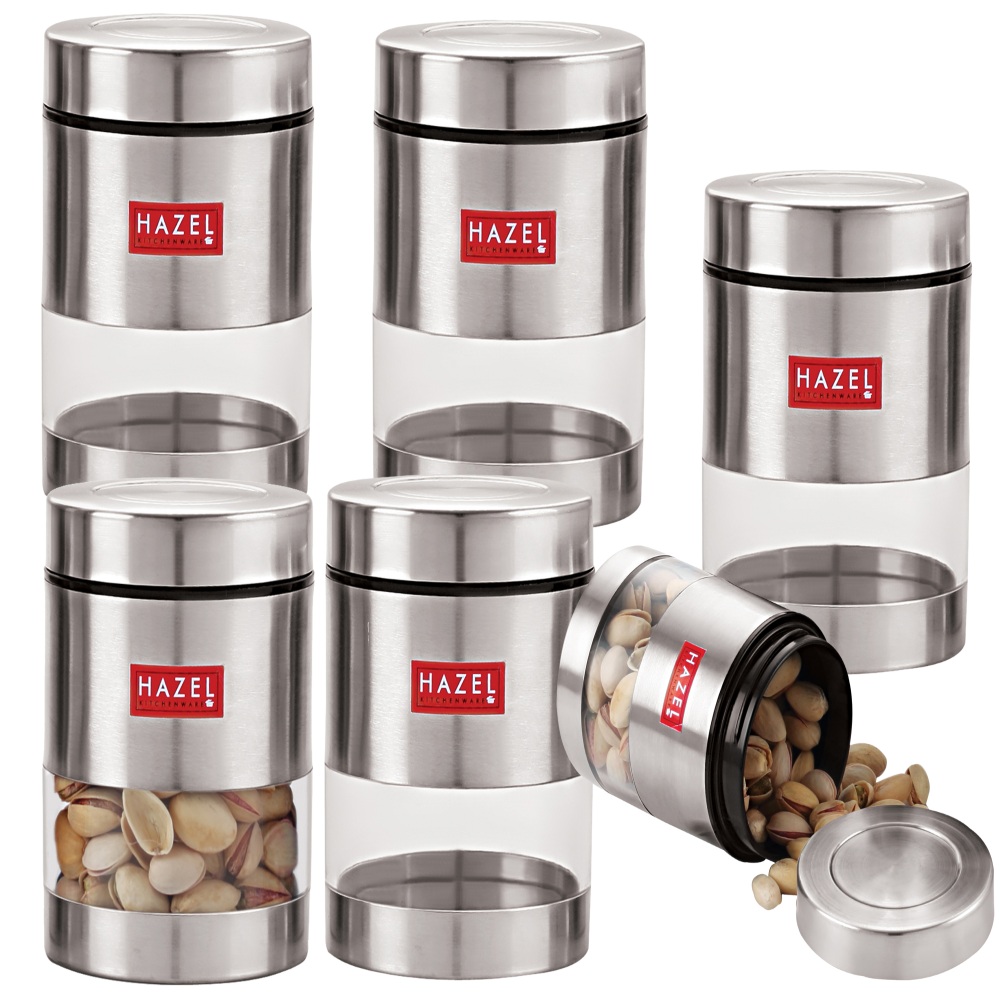 HAZEL Stainless Steel Transparent See Through Container Set of 6, Silver, 500 ML Each