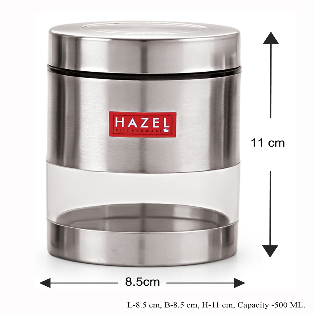 HAZEL Stainless Steel Transparent See Through Container Set of 6, Silver, 500 ML Each