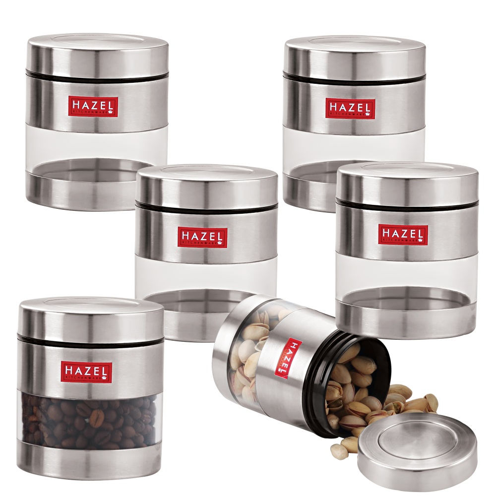 HAZEL Stainless Steel Transparent See Through Container Set of 6, Silver, 400 Ml Each