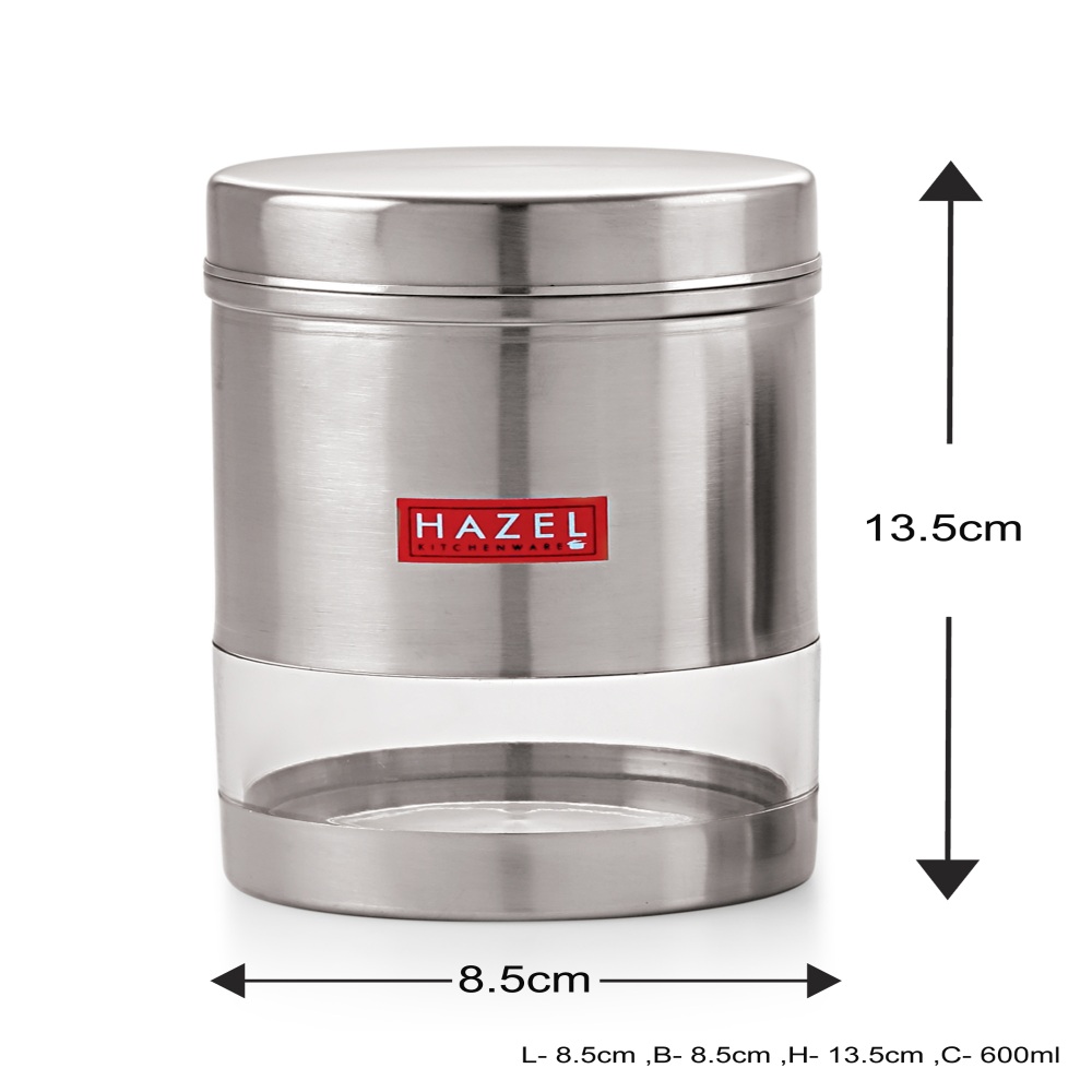 HAZEL Stainless Steel Transparent See Through Container Set of 6, Silver, 600 Ml Each