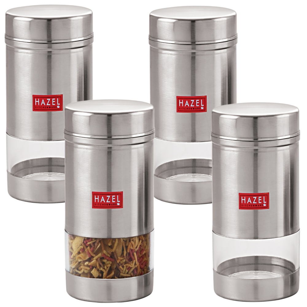 HAZEL Stainless Steel Transparent See Through Container Set of 4, Silver, 600 Ml Each