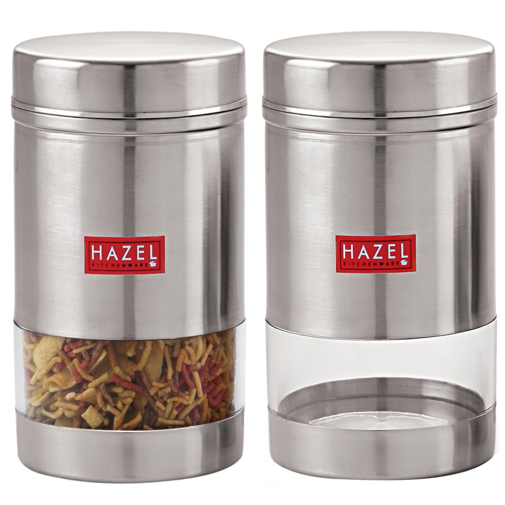 HAZEL Stainless Steel Transparent See Through Container Set of 2, Silver, 600 Ml Each