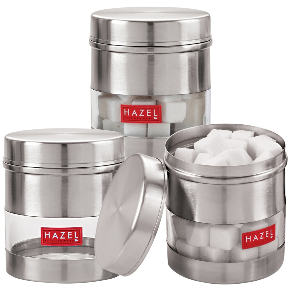 HAZEL Stainless Steel Transparent See Through Container Set of 3, Silver, 400 Ml Each