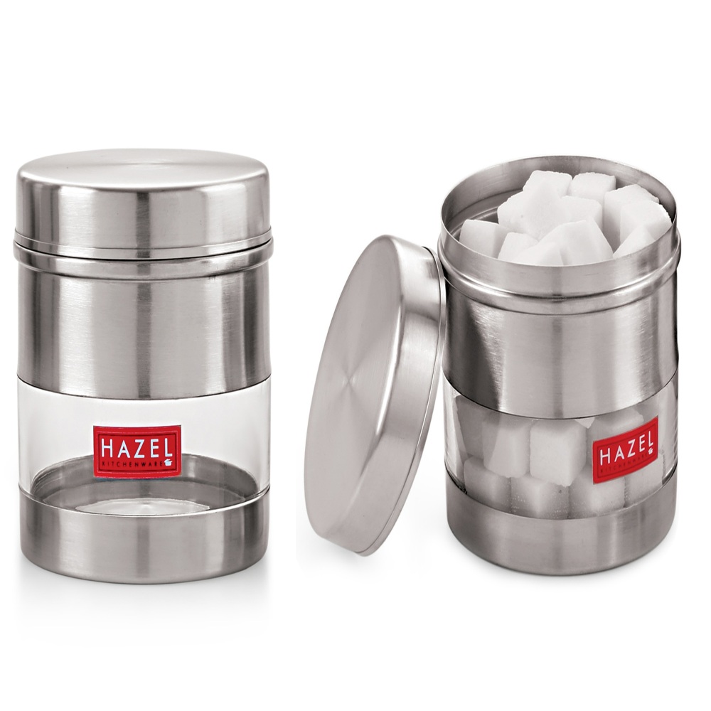 HAZEL Stainless Steel Transparent See Through Container Set of 2, Silver, 400 Ml Each