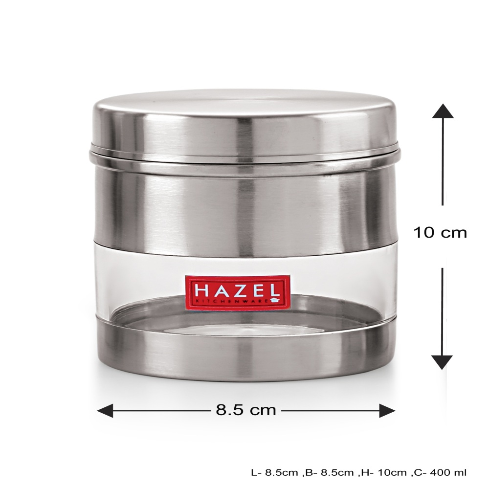 HAZEL Stainless Steel Transparent See Through Container Set of 3, Silver, 400 Ml Each