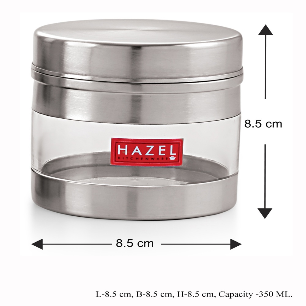 HAZEL Stainless Steel Transparent See Through Container Set of 6, Silver, 350 ML Each