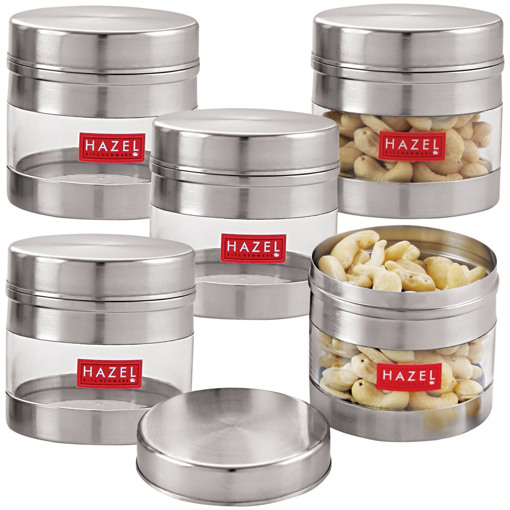 HAZEL Stainless Steel Transparent See Through Container Set of 5, Silver, 350 ML Each